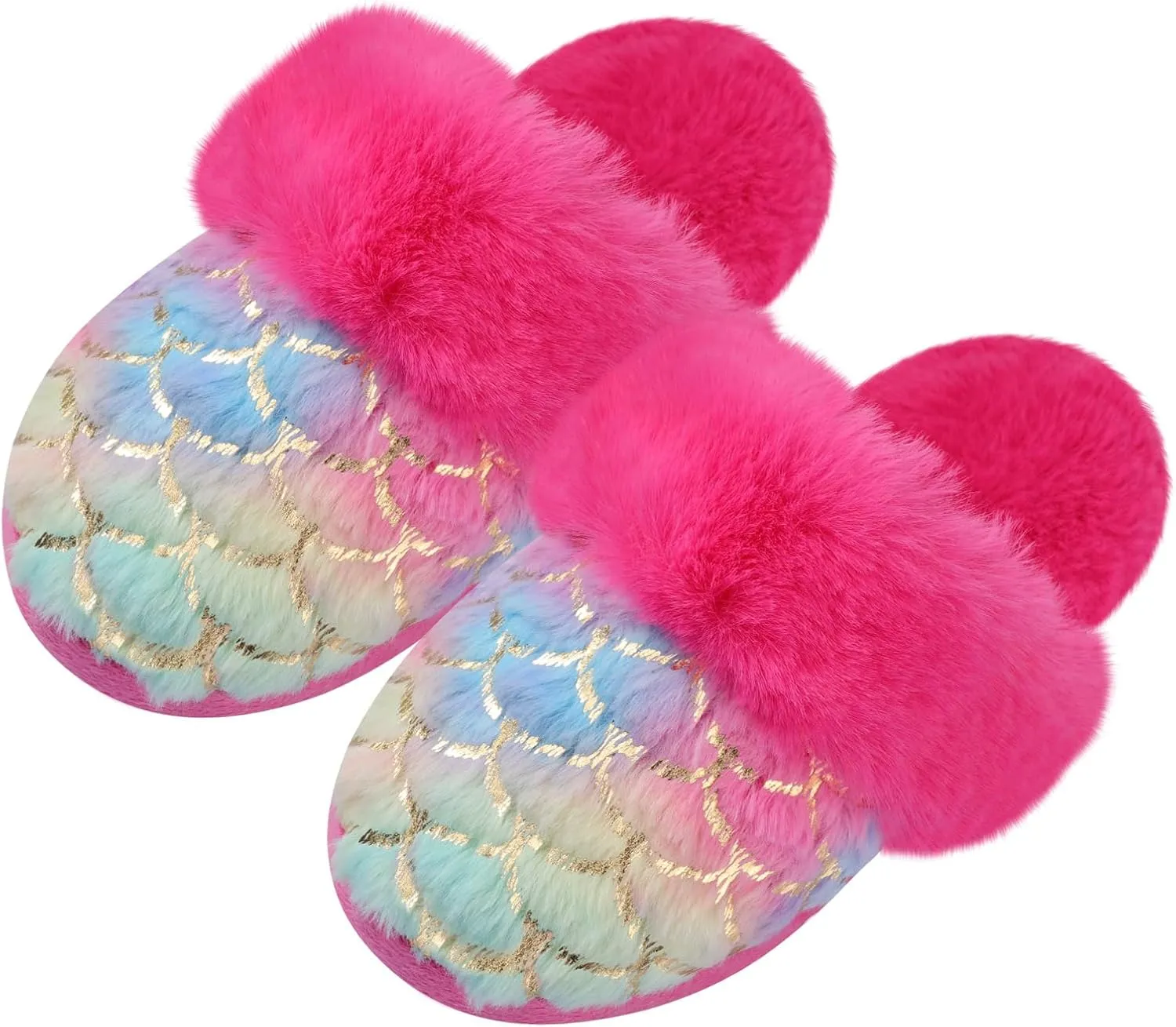 Girls Plush House Slippers Fluffy Multicolor Mermaid Slippers, Cute Faux Fur Slip-on Shoes Memory Foam House Slipper
