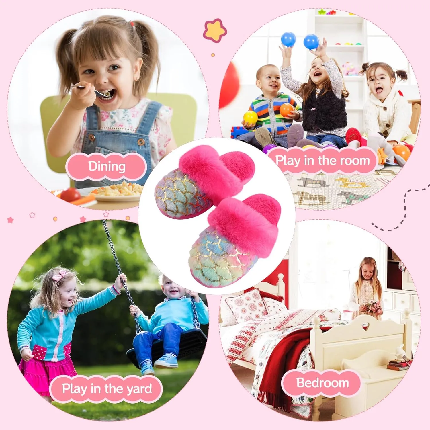 Girls Plush House Slippers Fluffy Multicolor Mermaid Slippers, Cute Faux Fur Slip-on Shoes Memory Foam House Slipper
