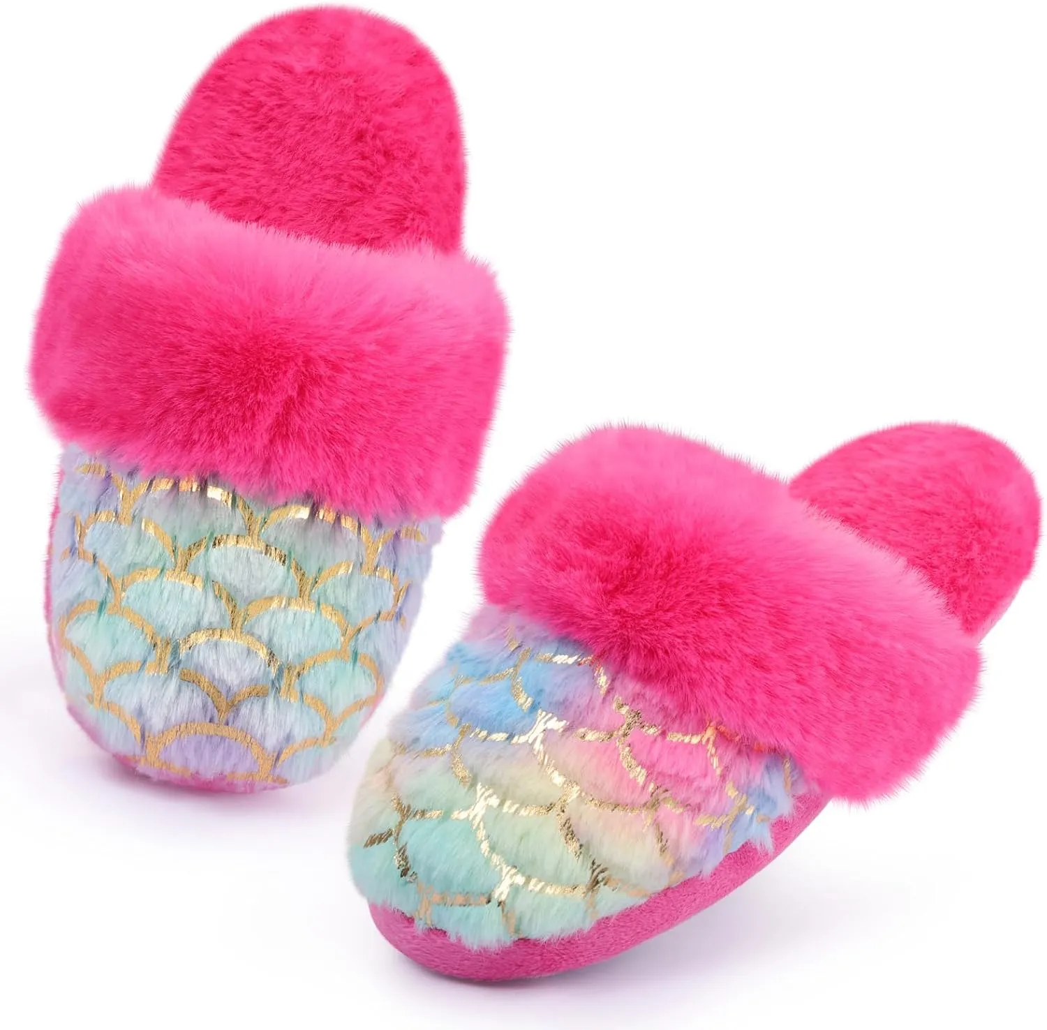 Girls Plush House Slippers Fluffy Multicolor Mermaid Slippers, Cute Faux Fur Slip-on Shoes Memory Foam House Slipper