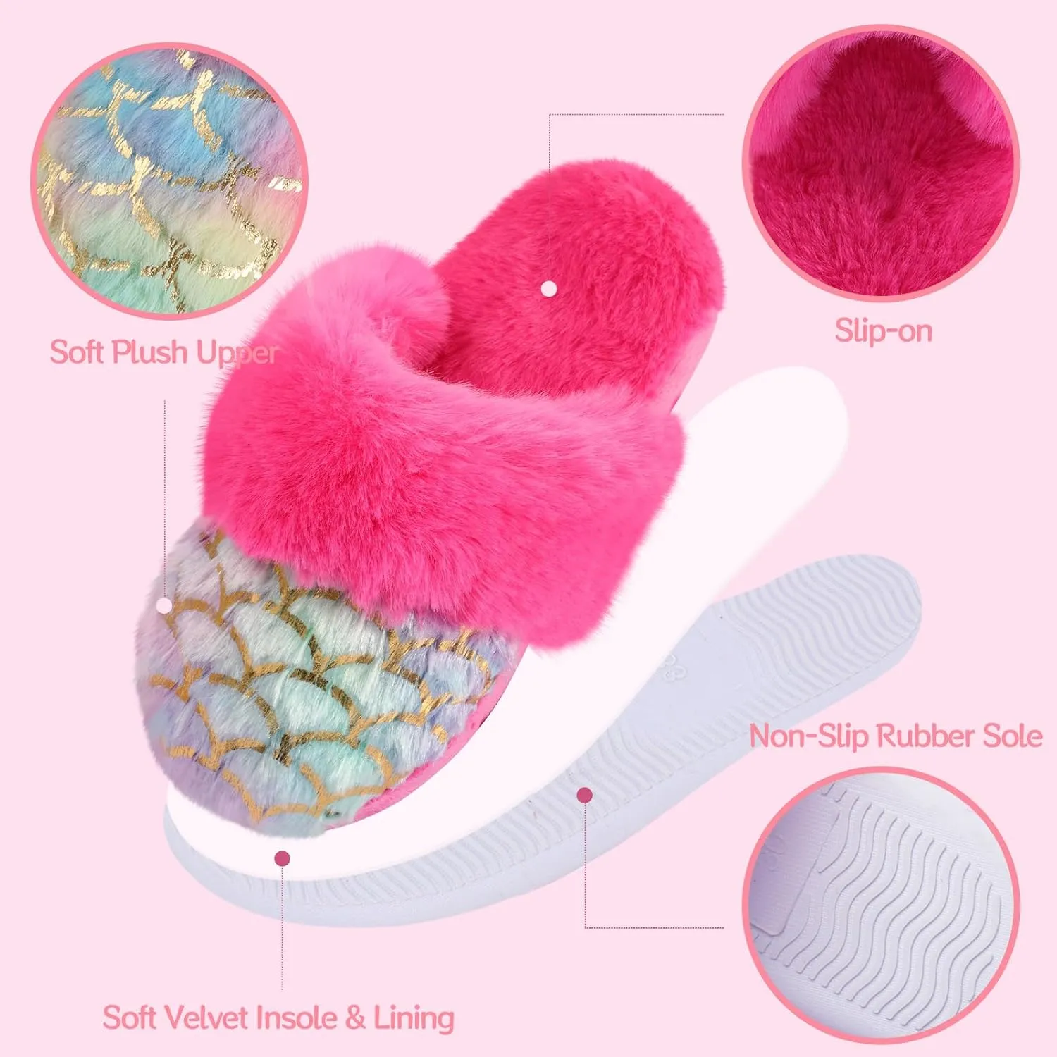 Girls Plush House Slippers Fluffy Multicolor Mermaid Slippers, Cute Faux Fur Slip-on Shoes Memory Foam House Slipper