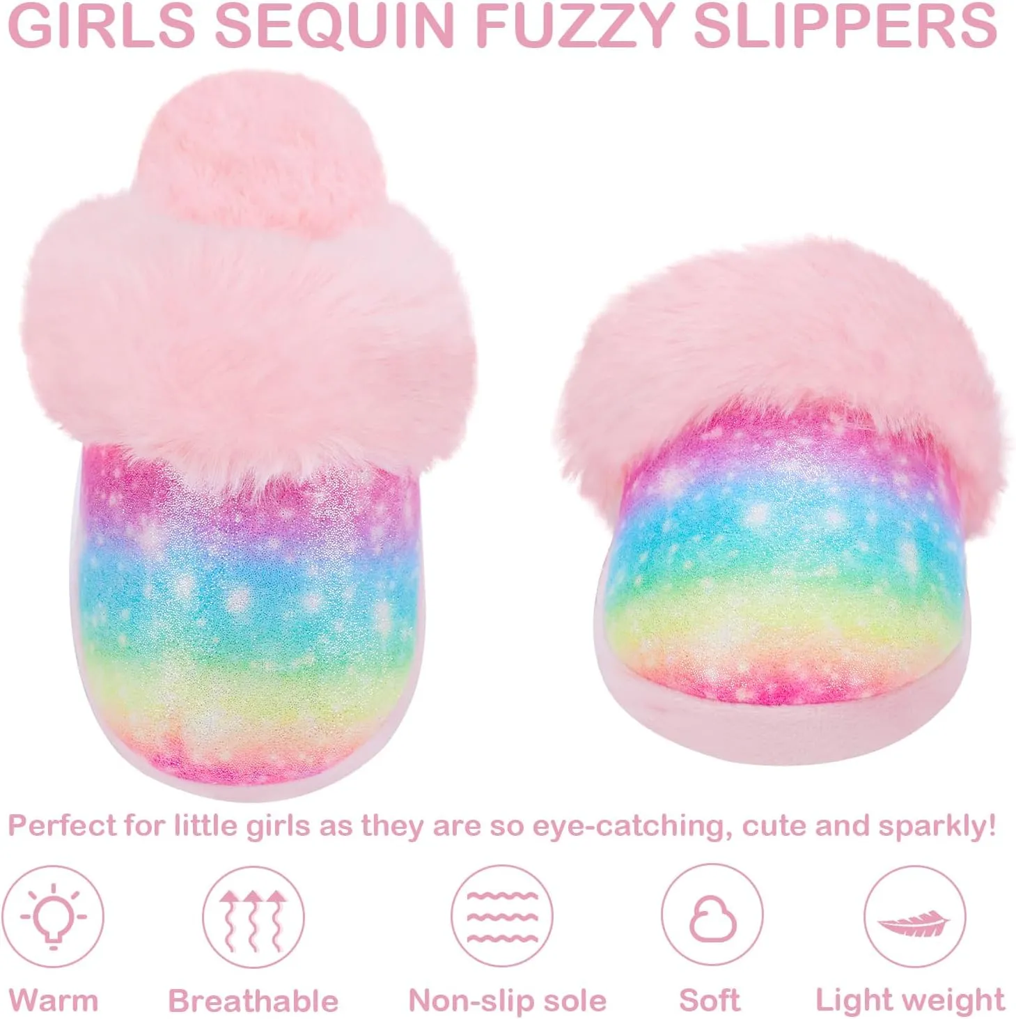 Girls Plush House Slippers Fluffy Sequin Slippers, Cute Faux Fur Slip-on Shoes Memory Foam House Slipper
