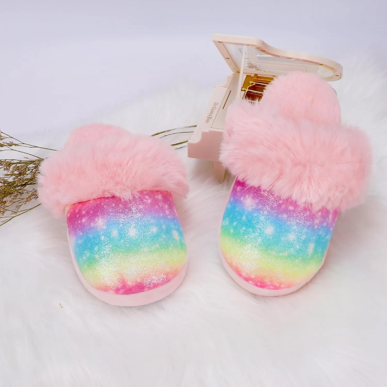 Girls Plush House Slippers Fluffy Sequin Slippers, Cute Faux Fur Slip-on Shoes Memory Foam House Slipper