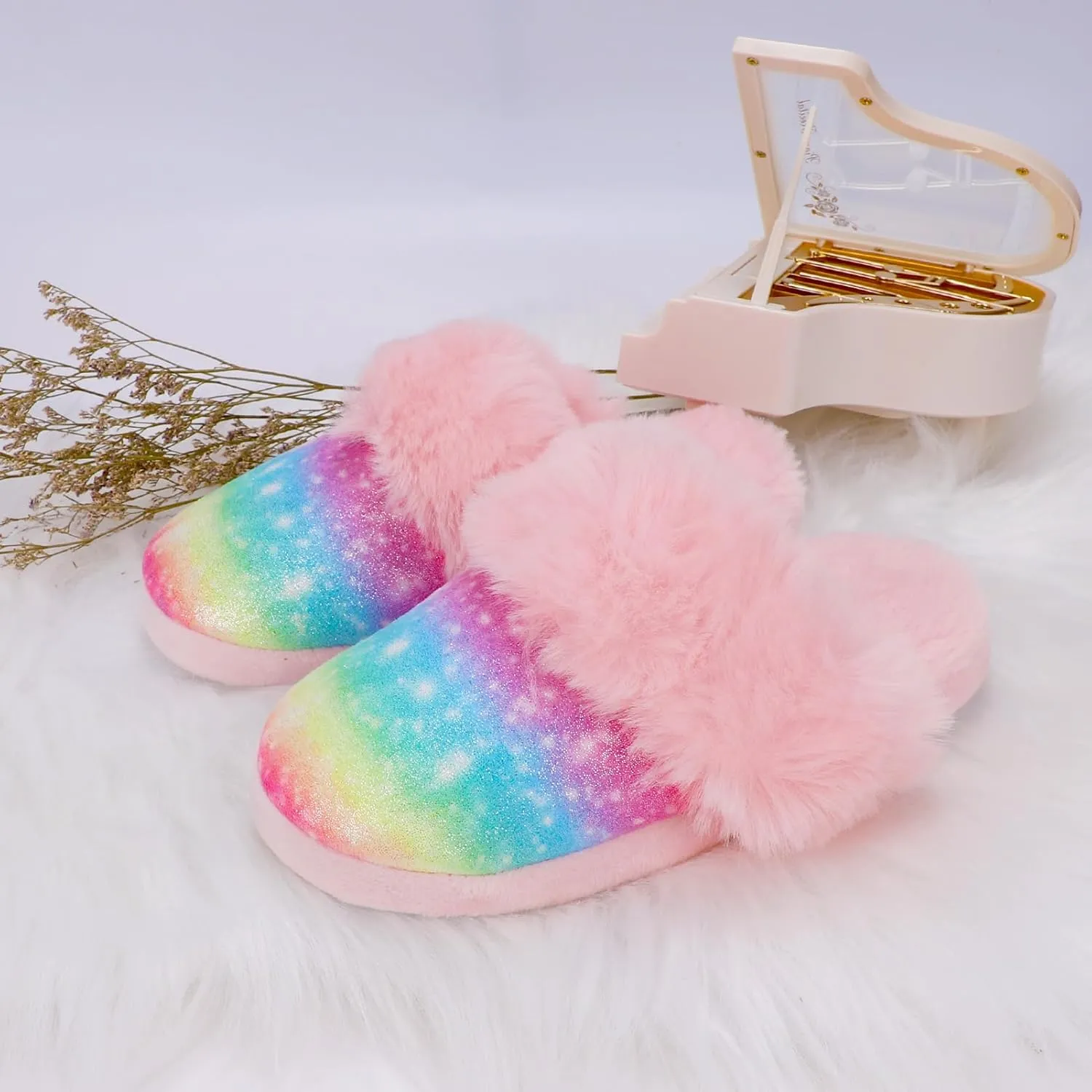 Girls Plush House Slippers Fluffy Sequin Slippers, Cute Faux Fur Slip-on Shoes Memory Foam House Slipper