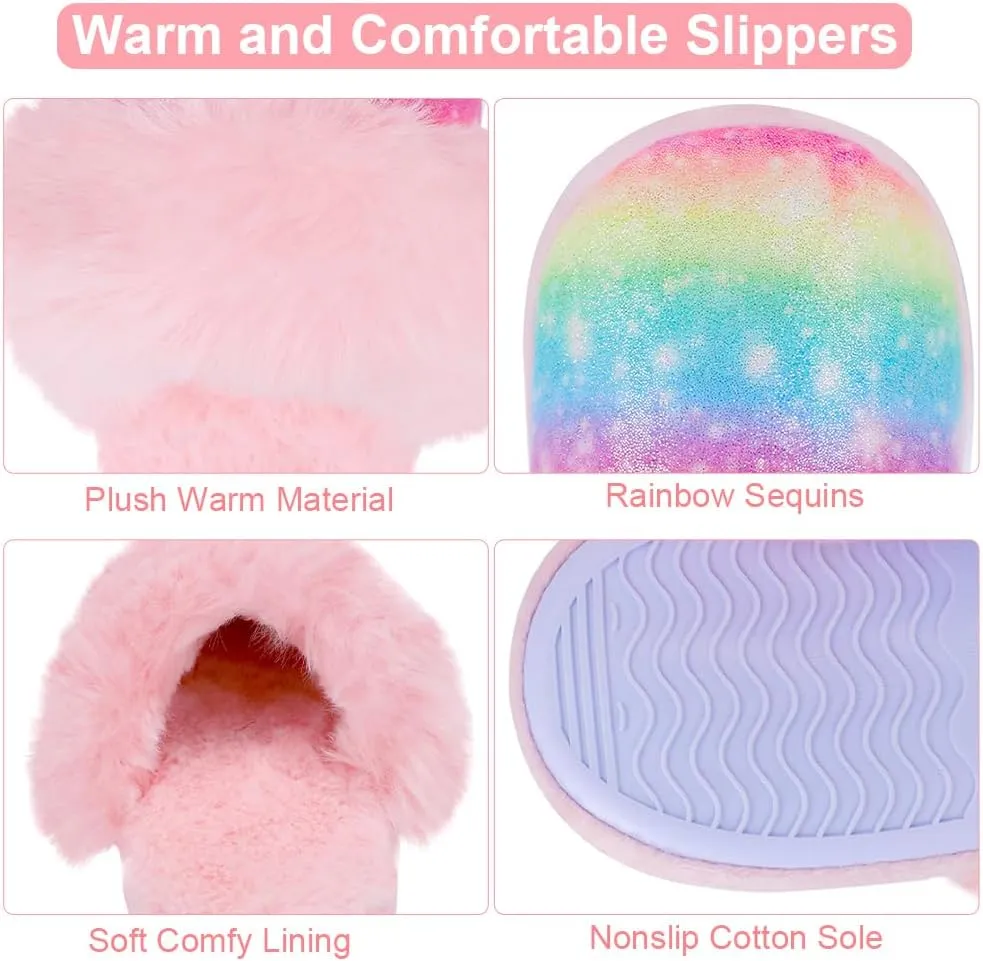 Girls Plush House Slippers Fluffy Sequin Slippers, Cute Faux Fur Slip-on Shoes Memory Foam House Slipper