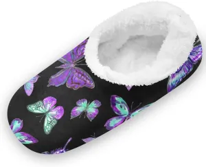 Girls Toddler Slippers Purple Butterflies on A Black Home House Slippers Warm Fur Non Slip Plush Indoor Slipper Socks for Kids, XS