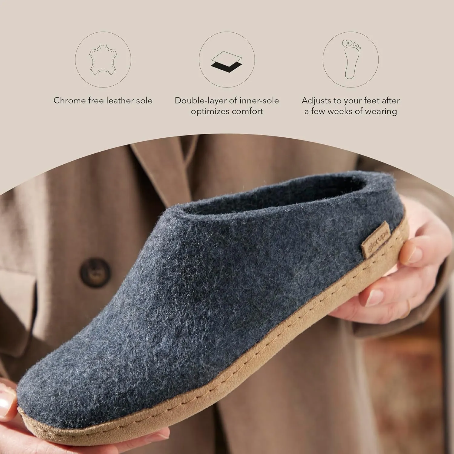 Glerups 100% Gotland Sheep Wool Slipper with leather sole - Unisex Slip-on