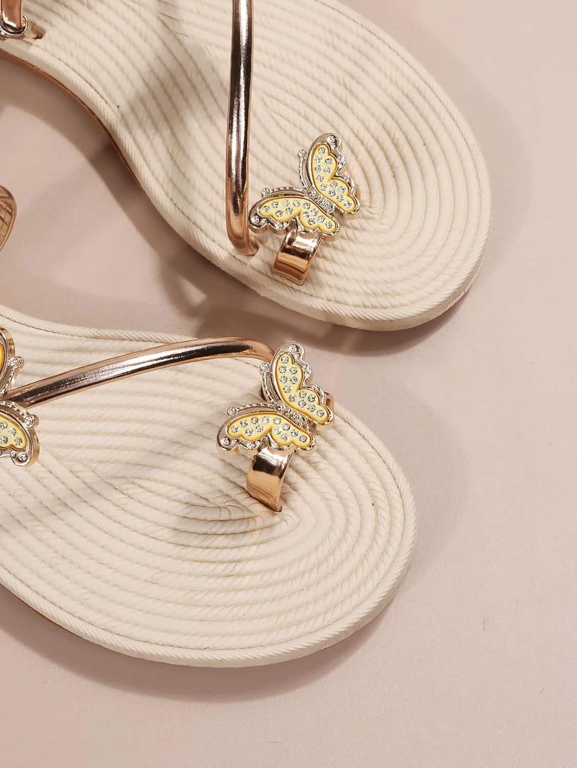 GORGLITTER Women's Butterfly Metallic Sandals Dressy Sparkly Rhinestone Strappy Toe Ring Slide Flats Sandal