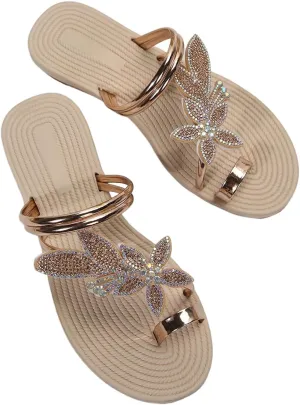 GORGLITTER Women's Butterfly Metallic Sandals Dressy Sparkly Rhinestone Strappy Toe Ring Slide Flats Sandal