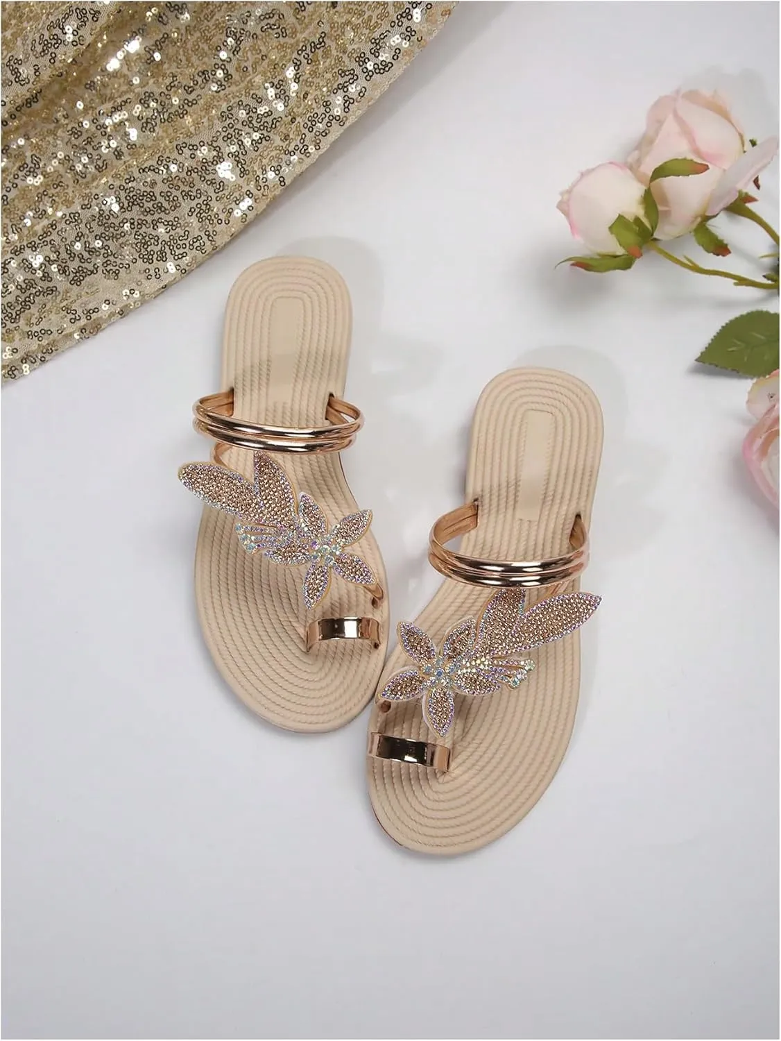 GORGLITTER Women's Butterfly Metallic Sandals Dressy Sparkly Rhinestone Strappy Toe Ring Slide Flats Sandal