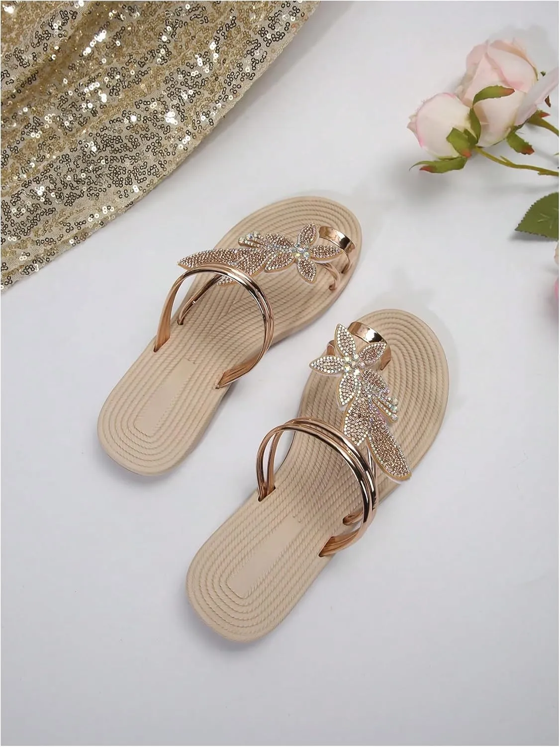 GORGLITTER Women's Butterfly Metallic Sandals Dressy Sparkly Rhinestone Strappy Toe Ring Slide Flats Sandal