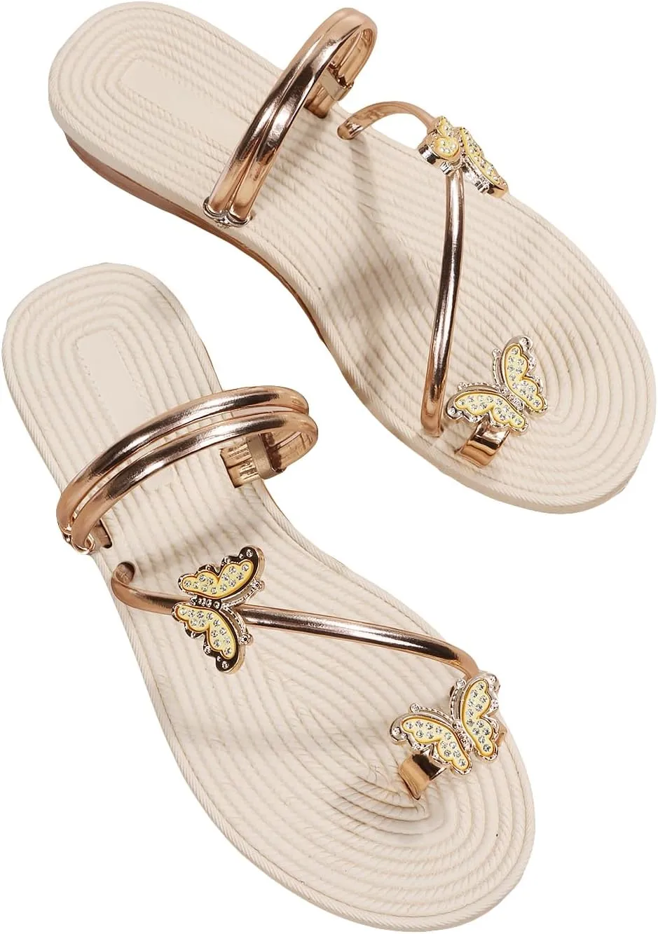 GORGLITTER Women's Butterfly Metallic Sandals Dressy Sparkly Rhinestone Strappy Toe Ring Slide Flats Sandal