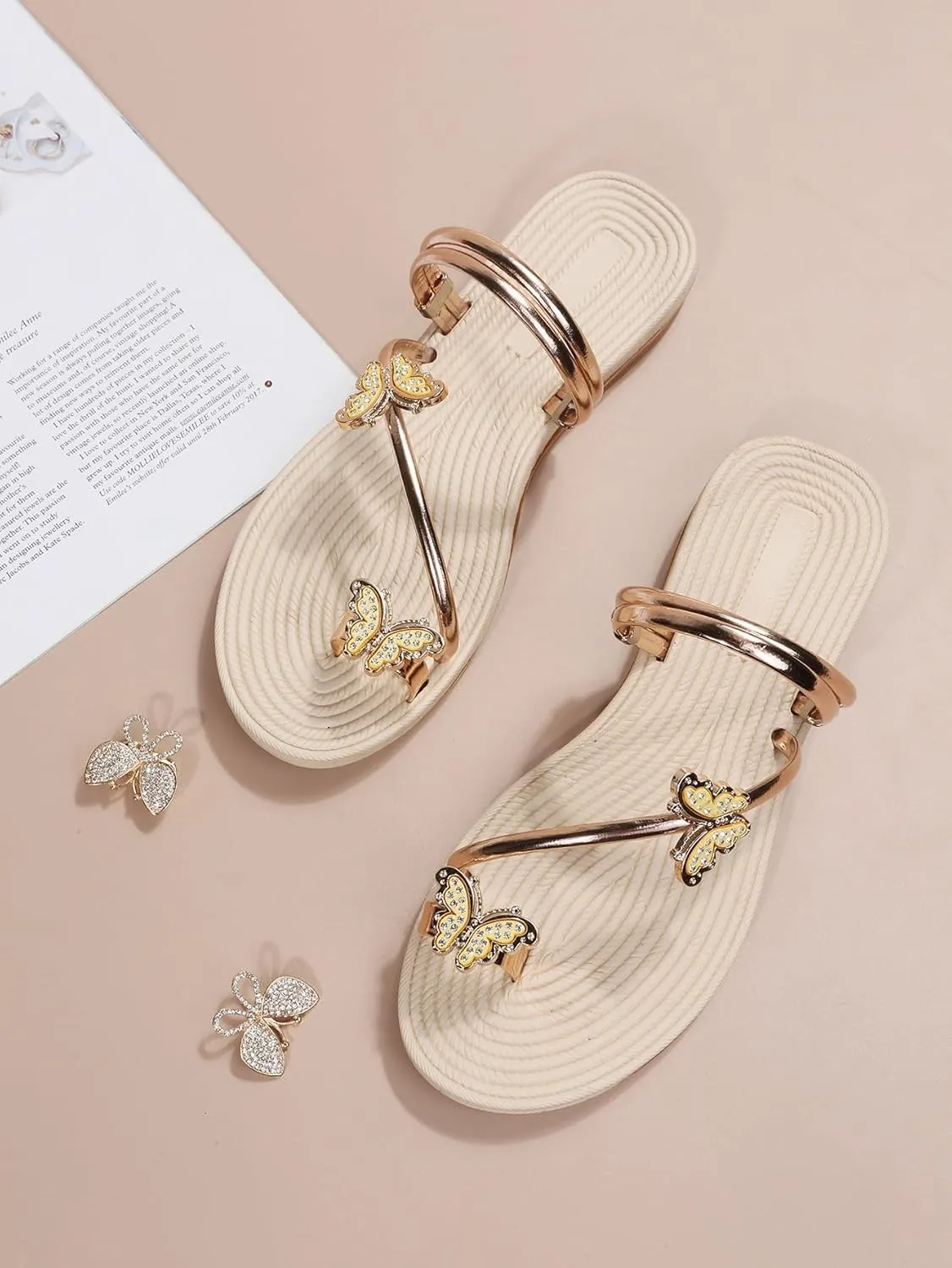 GORGLITTER Women's Butterfly Metallic Sandals Dressy Sparkly Rhinestone Strappy Toe Ring Slide Flats Sandal