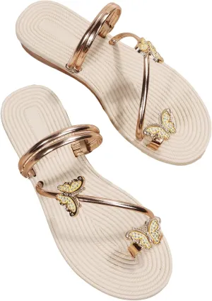 GORGLITTER Women's Butterfly Metallic Sandals Dressy Sparkly Rhinestone Strappy Toe Ring Slide Flats Sandal