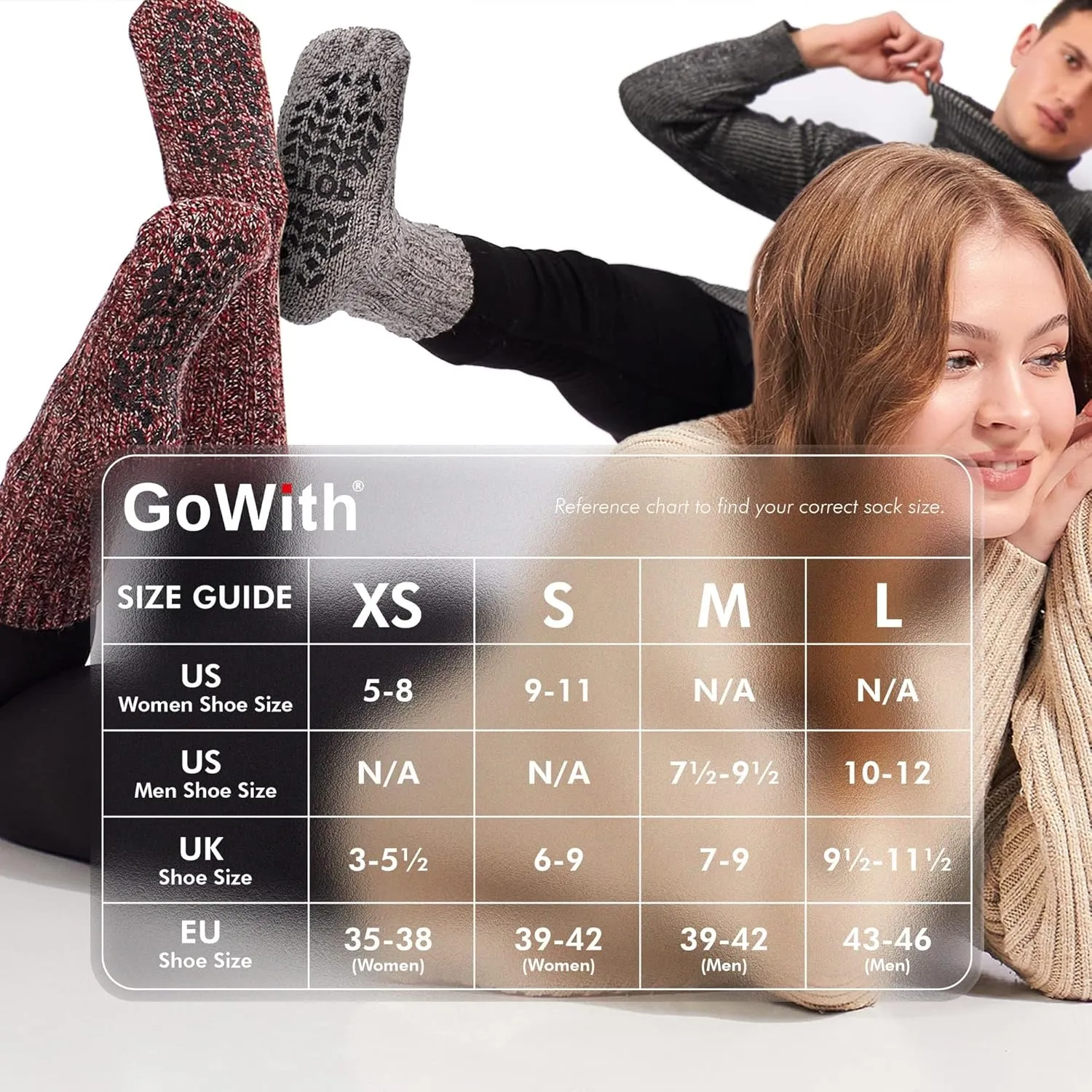 GoWith Unisex Merino Wool Slipper Socks, Thick Warm No Slip Cozy Grip Non-Skid Hospital Winter Socks for Men & Women