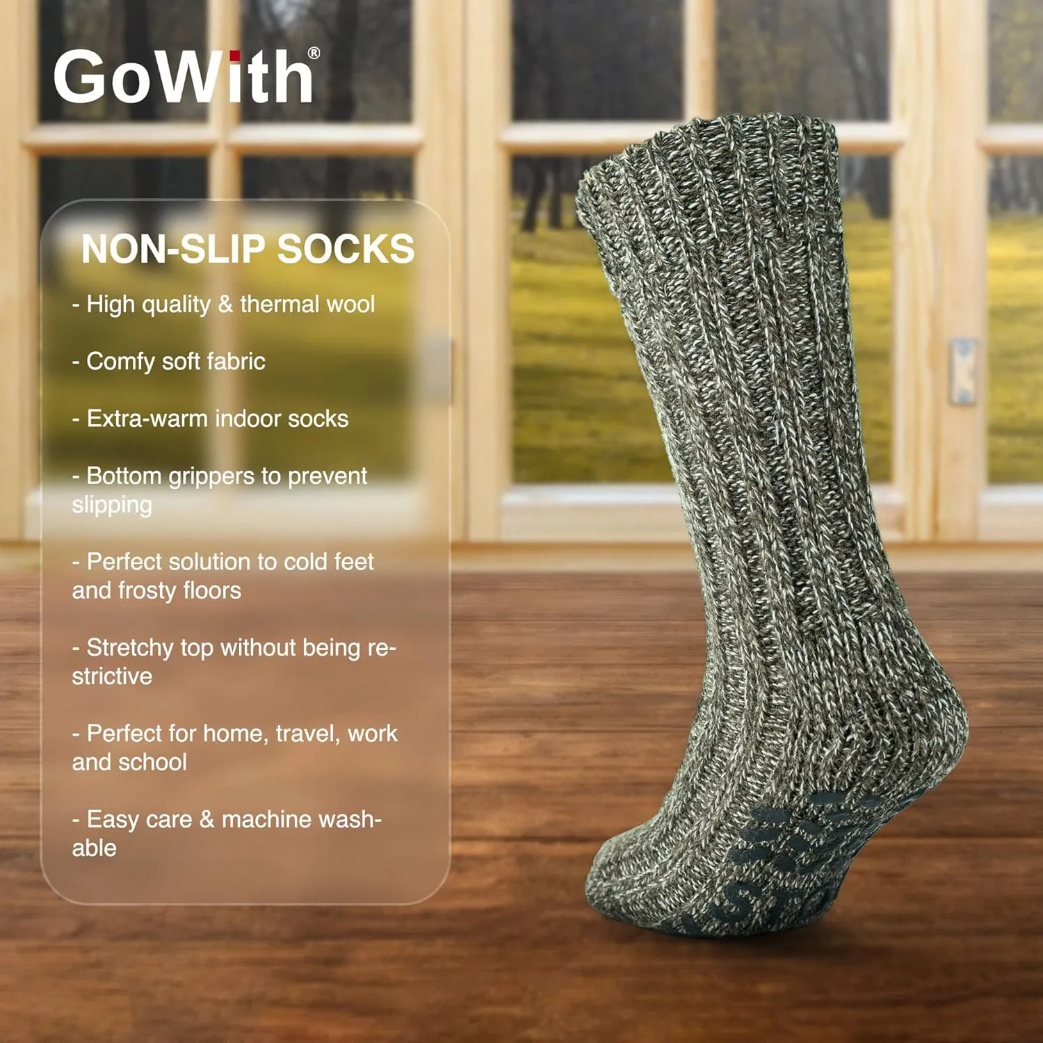GoWith Unisex Merino Wool Slipper Socks, Thick Warm No Slip Cozy Grip Non-Skid Hospital Winter Socks for Men & Women