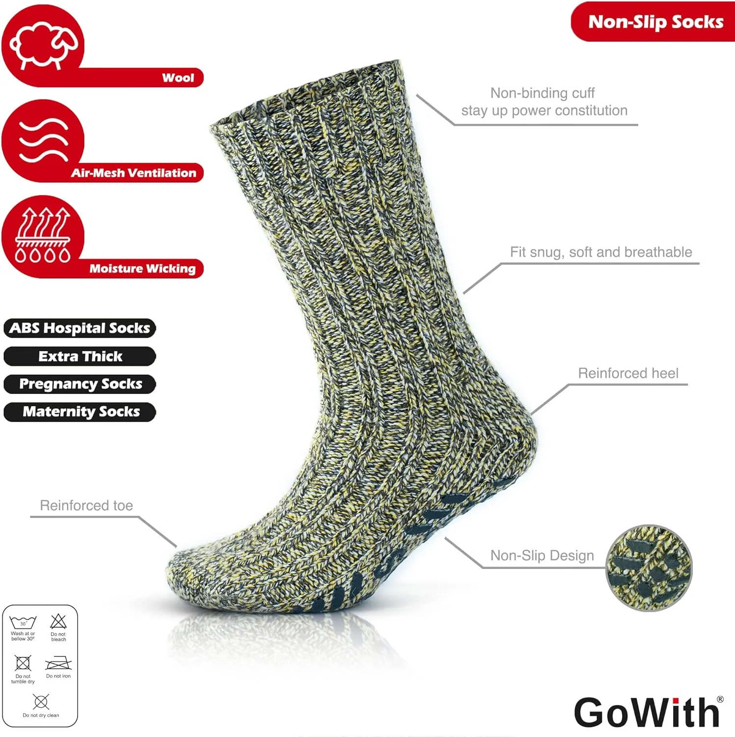 GoWith Unisex Merino Wool Slipper Socks, Thick Warm No Slip Cozy Grip Non-Skid Hospital Winter Socks for Men & Women