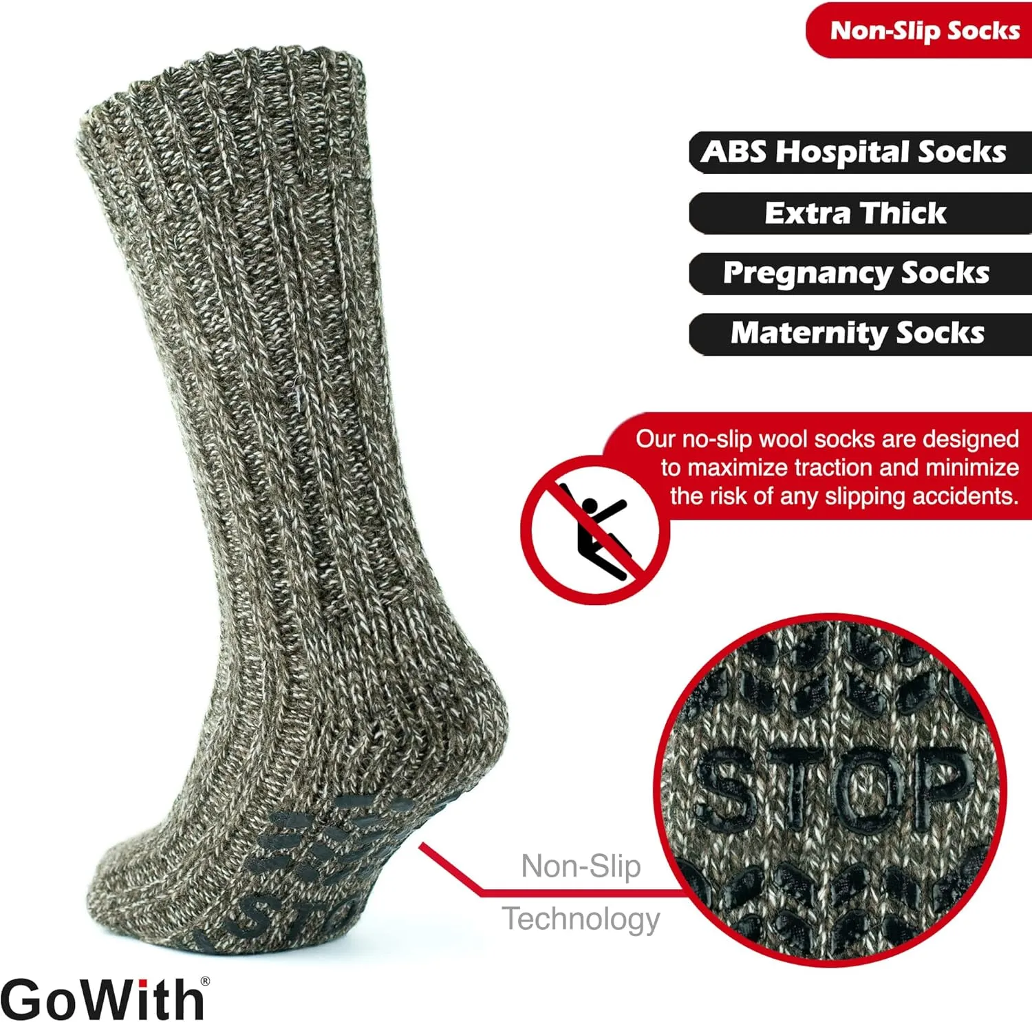 GoWith Unisex Merino Wool Slipper Socks, Thick Warm No Slip Cozy Grip Non-Skid Hospital Winter Socks for Men & Women