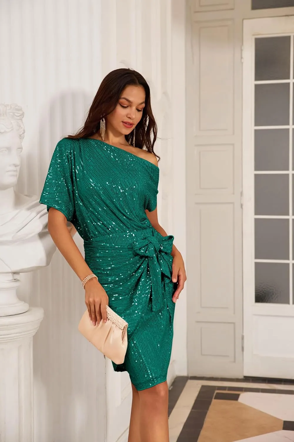 GRACE KARIN Women's Sequin Sparkly Glitter Party Club Dress One Shoulder Ruched Cocktail Bodycon Dress