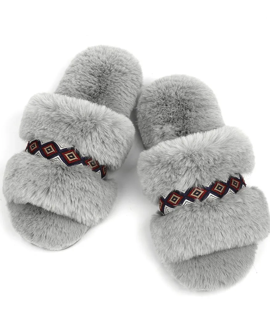 Grey Bohemian Fluff Slippers   Memory Foam