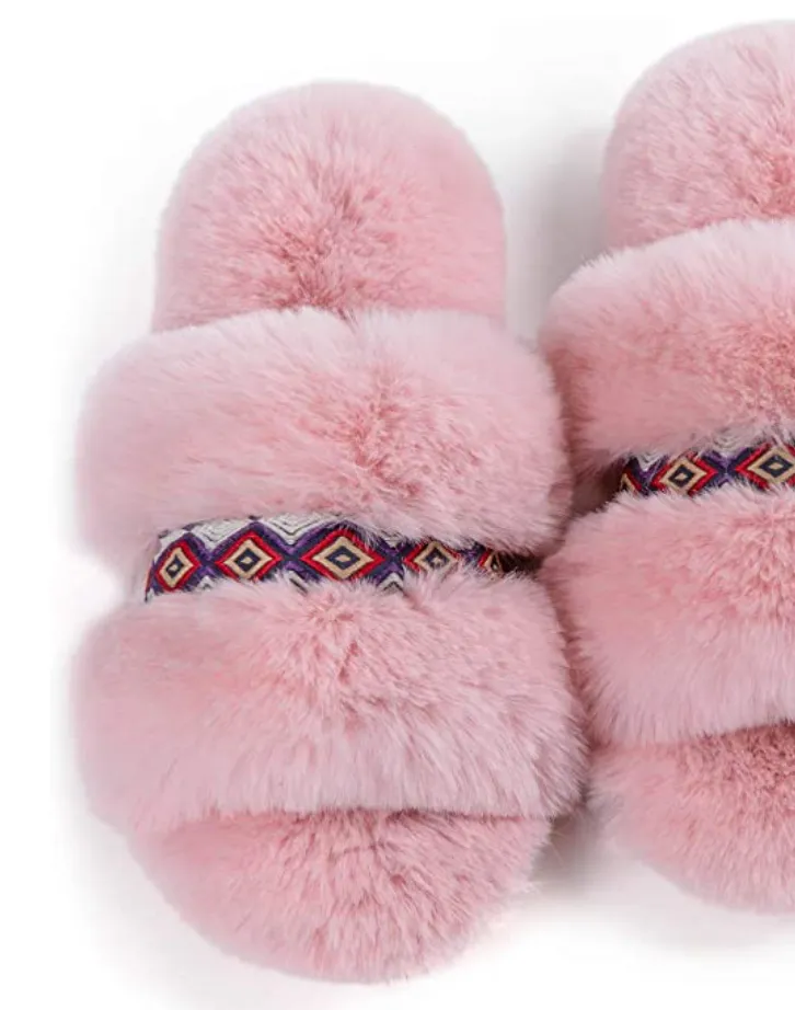 Grey Bohemian Fluff Slippers   Memory Foam