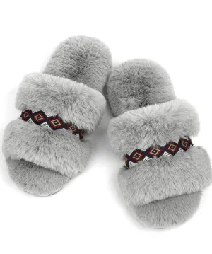 Grey Bohemian Fluff Slippers   Memory Foam
