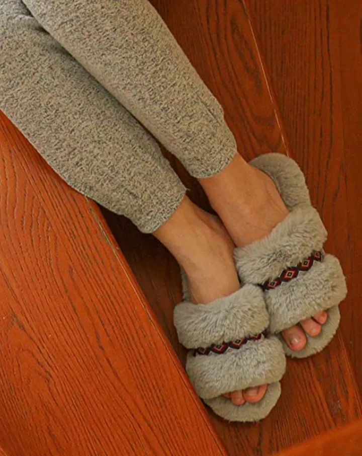 Grey Bohemian Fluff Slippers   Memory Foam