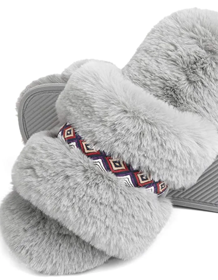Grey Bohemian Fluff Slippers   Memory Foam