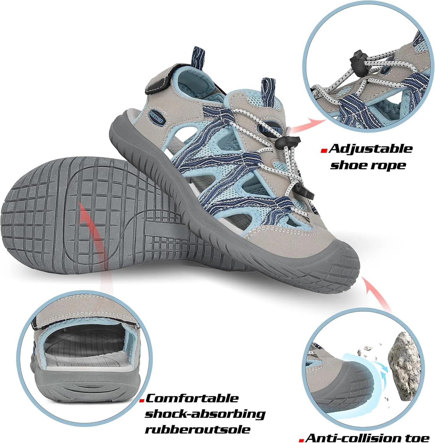 GRITION Hiking Sandals Women Closed Toe, Waterproof Lightweight Adjustable Hiking Athletic Sandals, Breathable For Beach Summer Adventure Comfortable Outdoor Sport