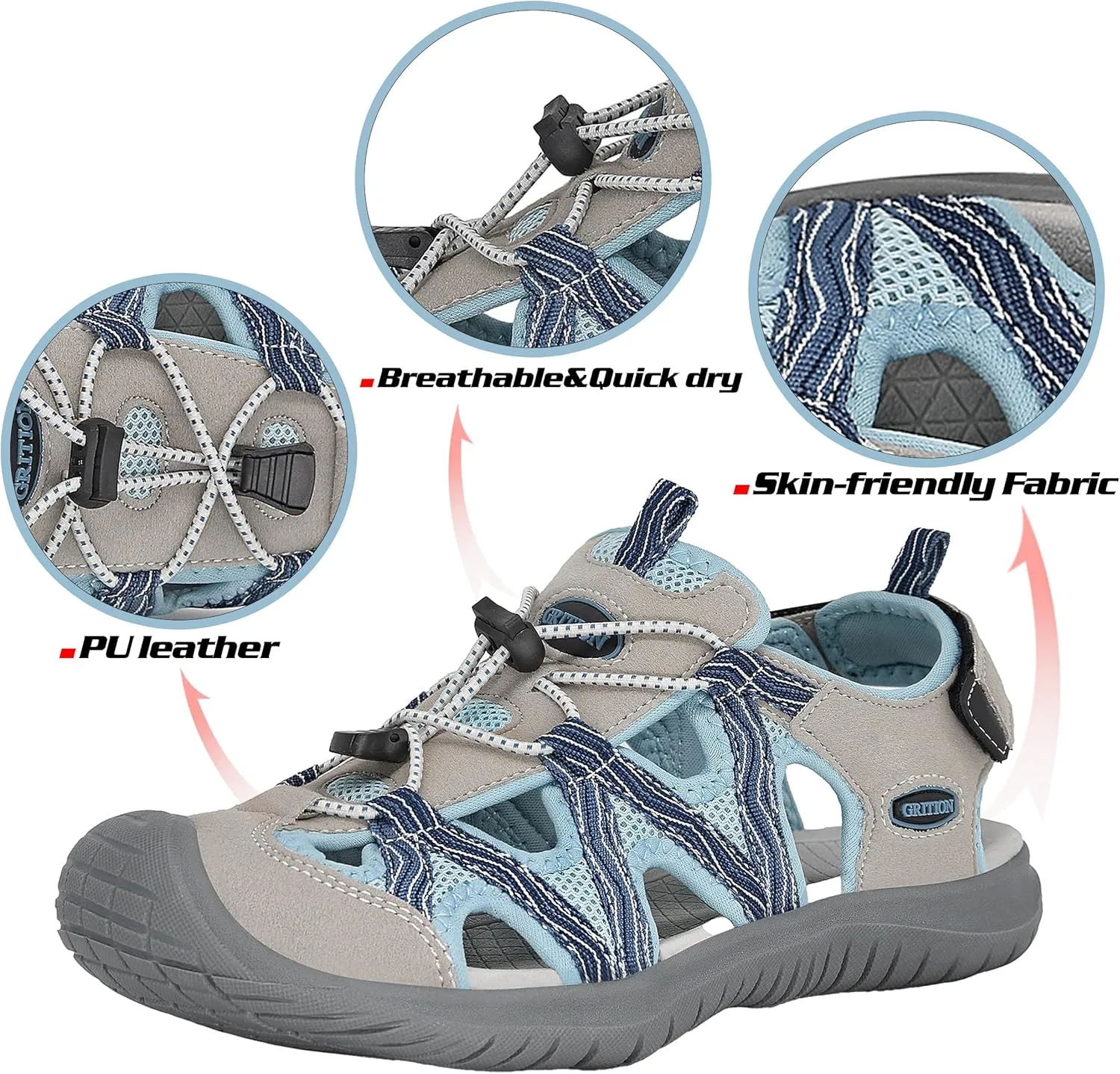 GRITION Hiking Sandals Women Closed Toe, Waterproof Lightweight Adjustable Hiking Athletic Sandals, Breathable For Beach Summer Adventure Comfortable Outdoor Sport