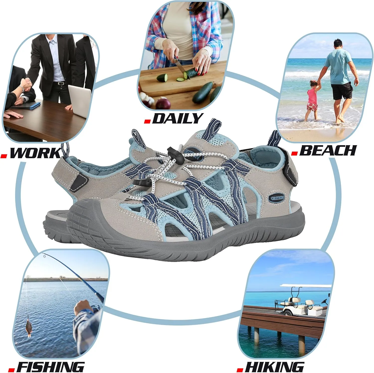 GRITION Hiking Sandals Women Closed Toe, Waterproof Lightweight Adjustable Hiking Athletic Sandals, Breathable For Beach Summer Adventure Comfortable Outdoor Sport