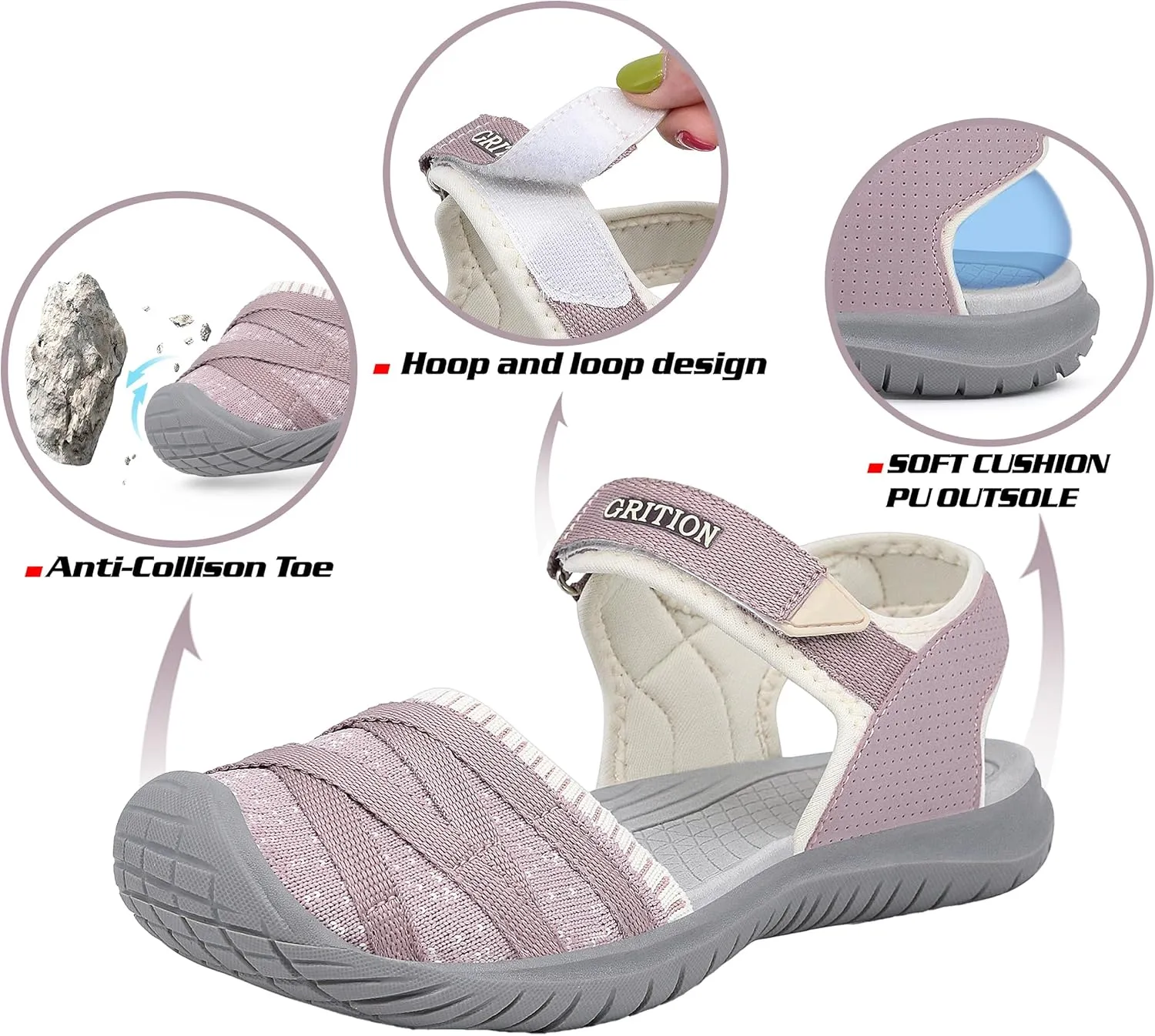GRITION Hiking Sandals Women Closed Toe, Waterproof Lightweight Adjustable Hiking Athletic Sandals, Breathable For Beach Summer Adventure Comfortable Outdoor Sport