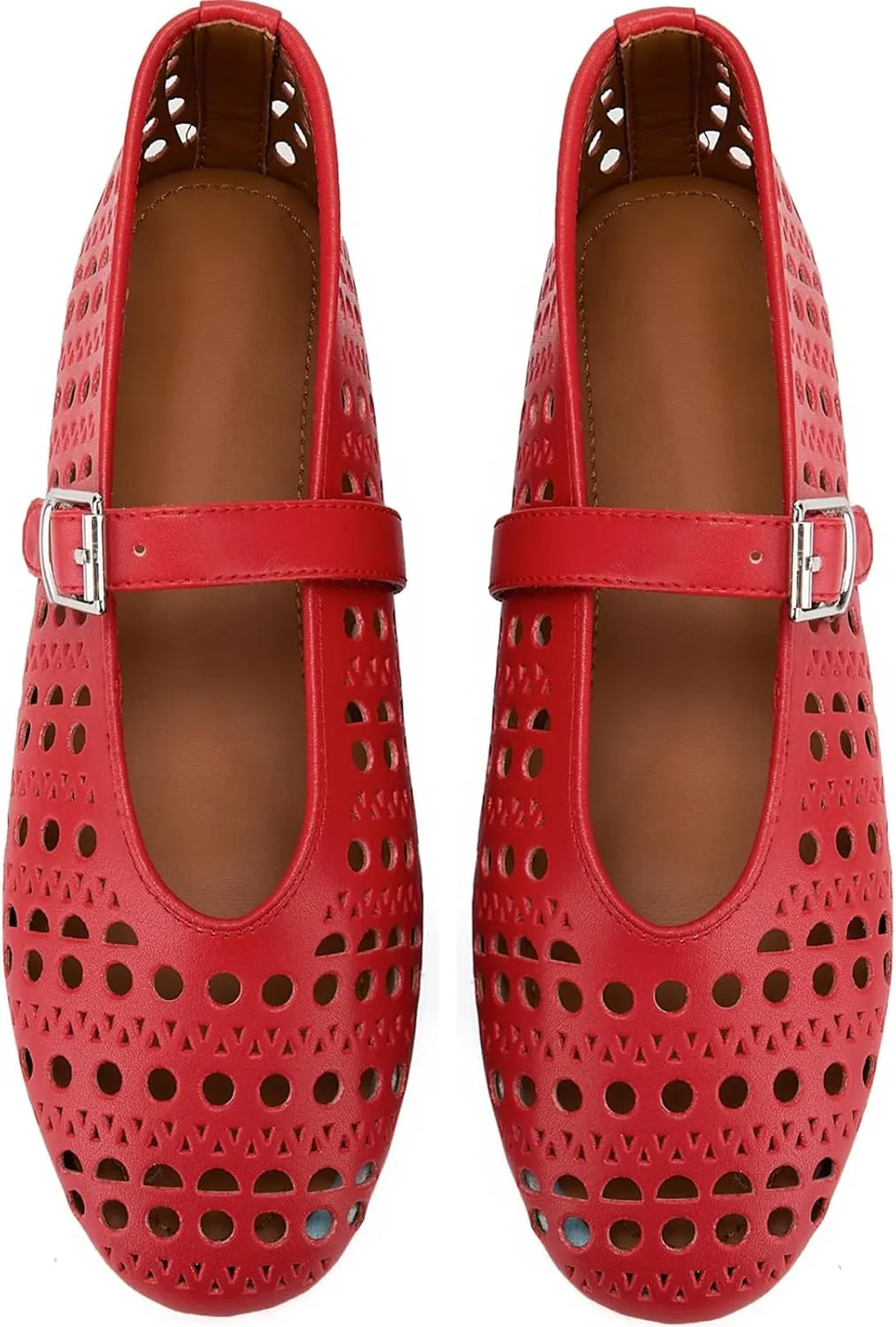 Hollow Ballet Flats Shoes for Women Breathable Hole Round Toe Ballerina Flats Fashion Women's Adjustable Buckle Strap Mary Jane Flats Comfortable Casual Dress
