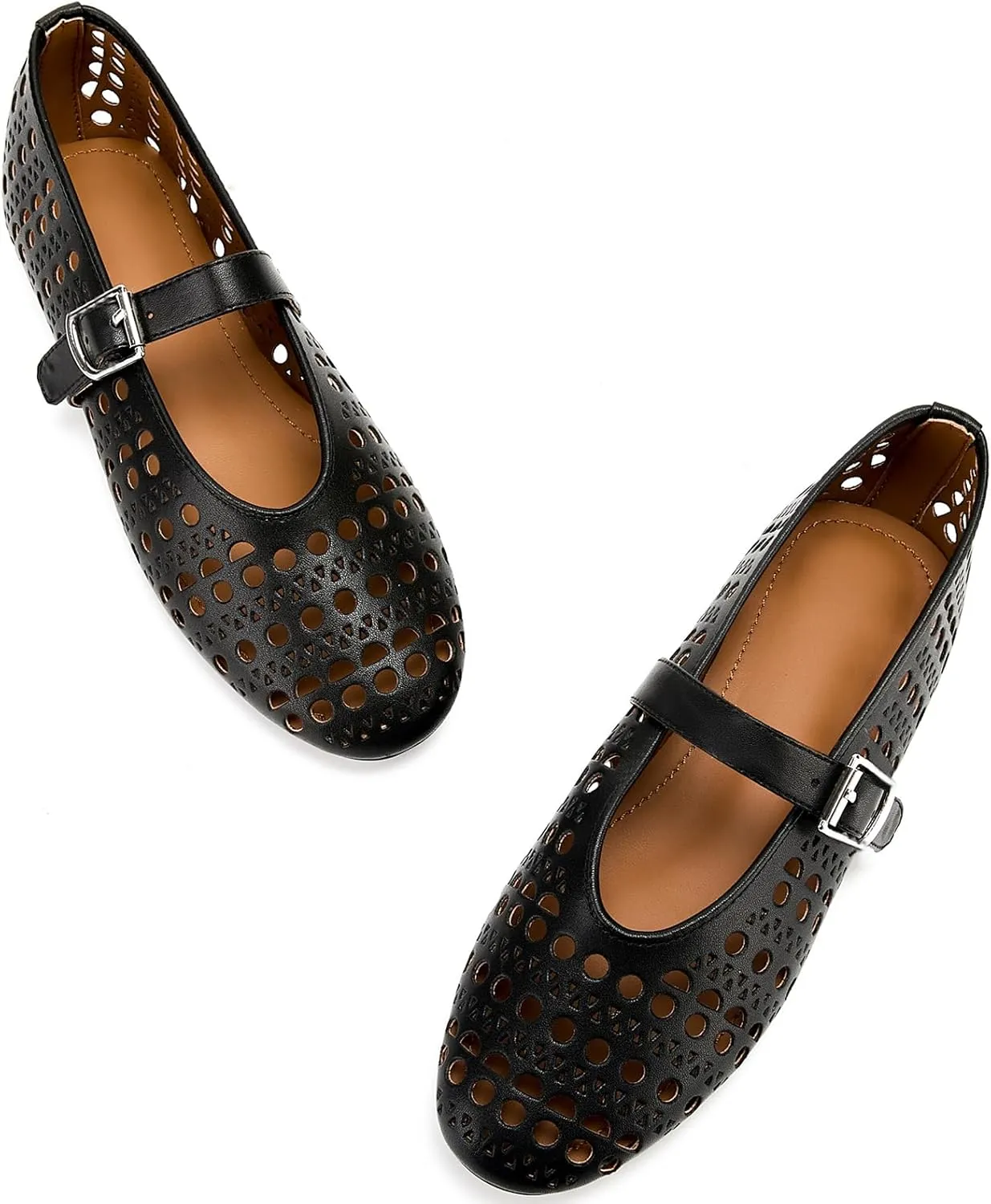 Hollow Ballet Flats Shoes for Women Breathable Hole Round Toe Ballerina Flats Fashion Women's Adjustable Buckle Strap Mary Jane Flats Comfortable Casual Dress