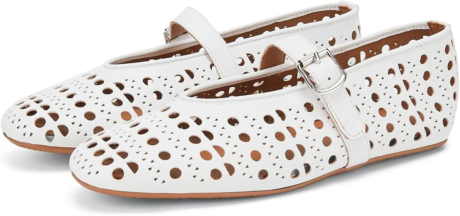 Hollow Ballet Flats Shoes for Women Breathable Hole Round Toe Ballerina Flats Fashion Women's Adjustable Buckle Strap Mary Jane Flats Comfortable Casual Dress