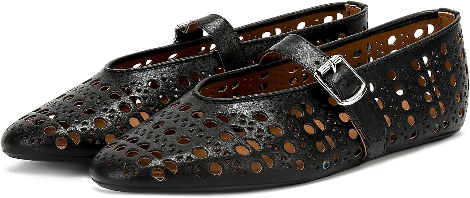 Hollow Ballet Flats Shoes for Women Breathable Hole Round Toe Ballerina Flats Fashion Women's Adjustable Buckle Strap Mary Jane Flats Comfortable Casual Dress