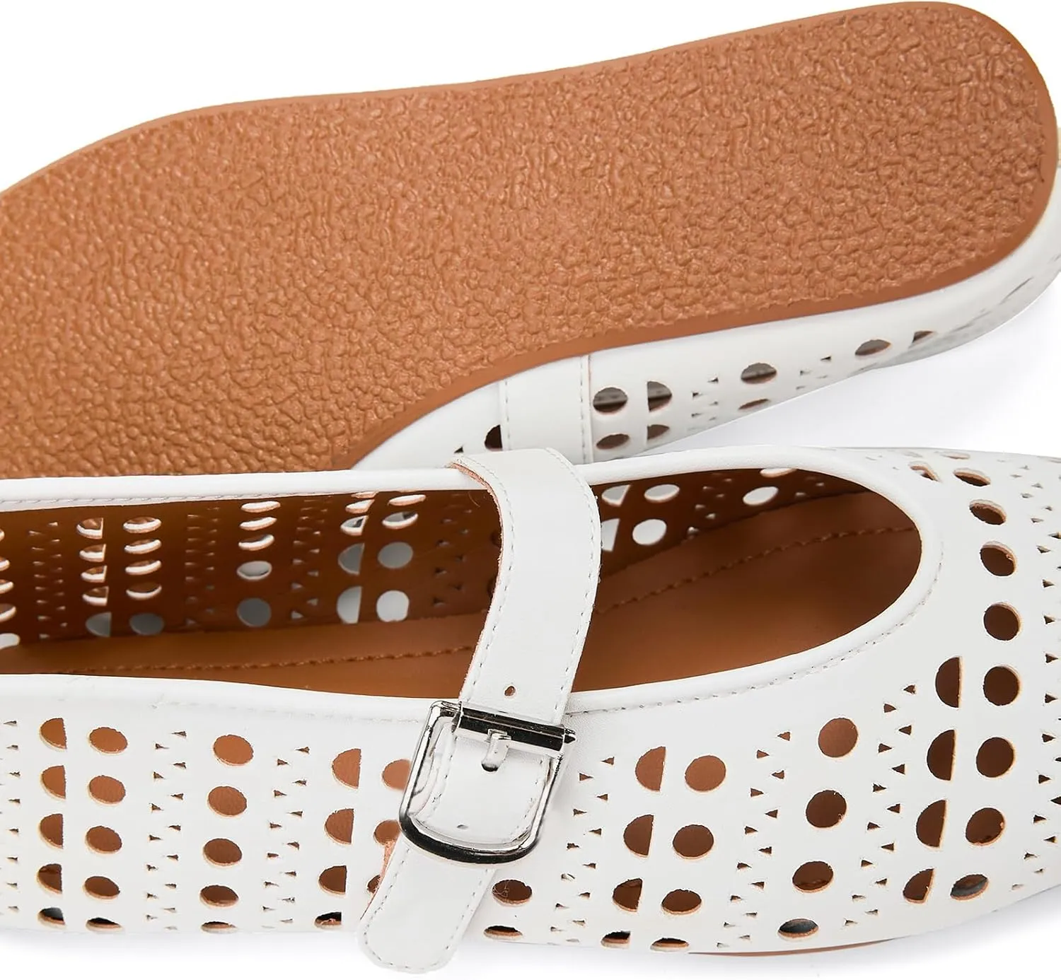 Hollow Ballet Flats Shoes for Women Breathable Hole Round Toe Ballerina Flats Fashion Women's Adjustable Buckle Strap Mary Jane Flats Comfortable Casual Dress