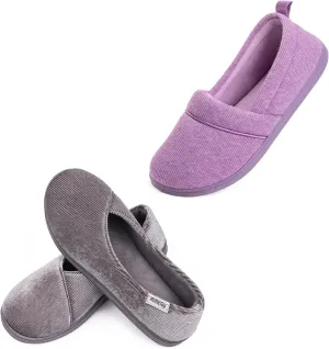 HomeTop Women's Comfort Memory Foam House Shoes, Ladies' Light Weight Terry Cloth Loafer Slippers Set of 2 Pairs (US Size 7,9)
