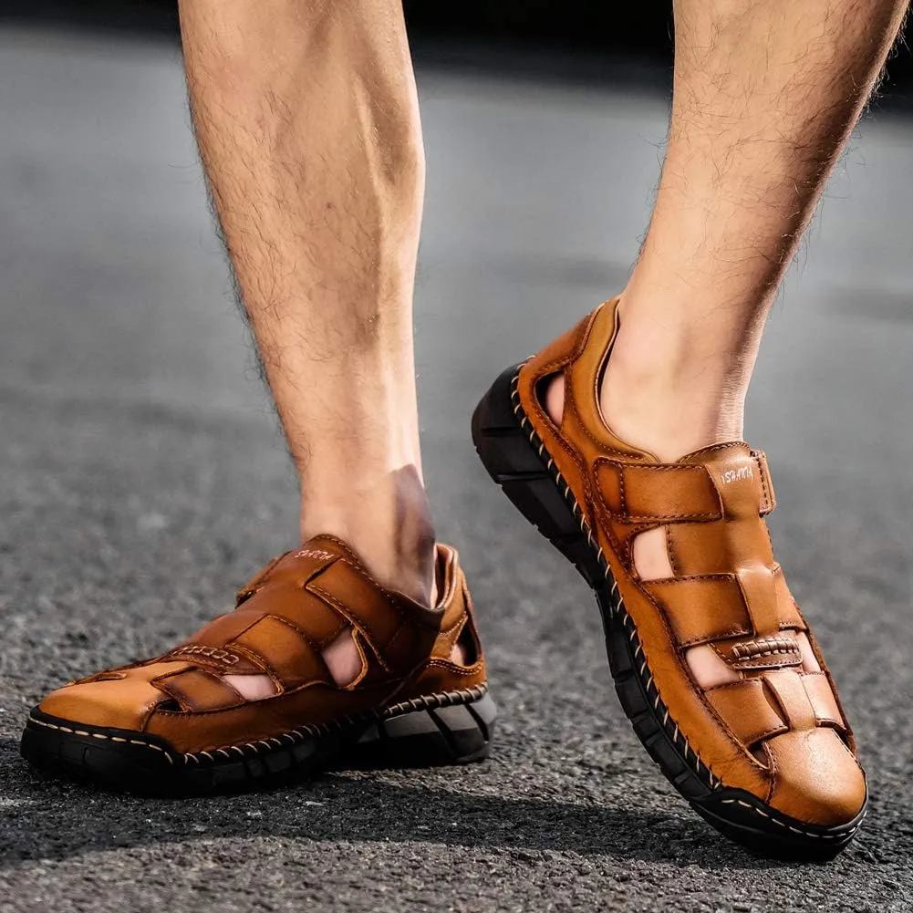 Honeystore Men's Closed-toe Hollow Sandals Plus Size Leather Shoes Casual