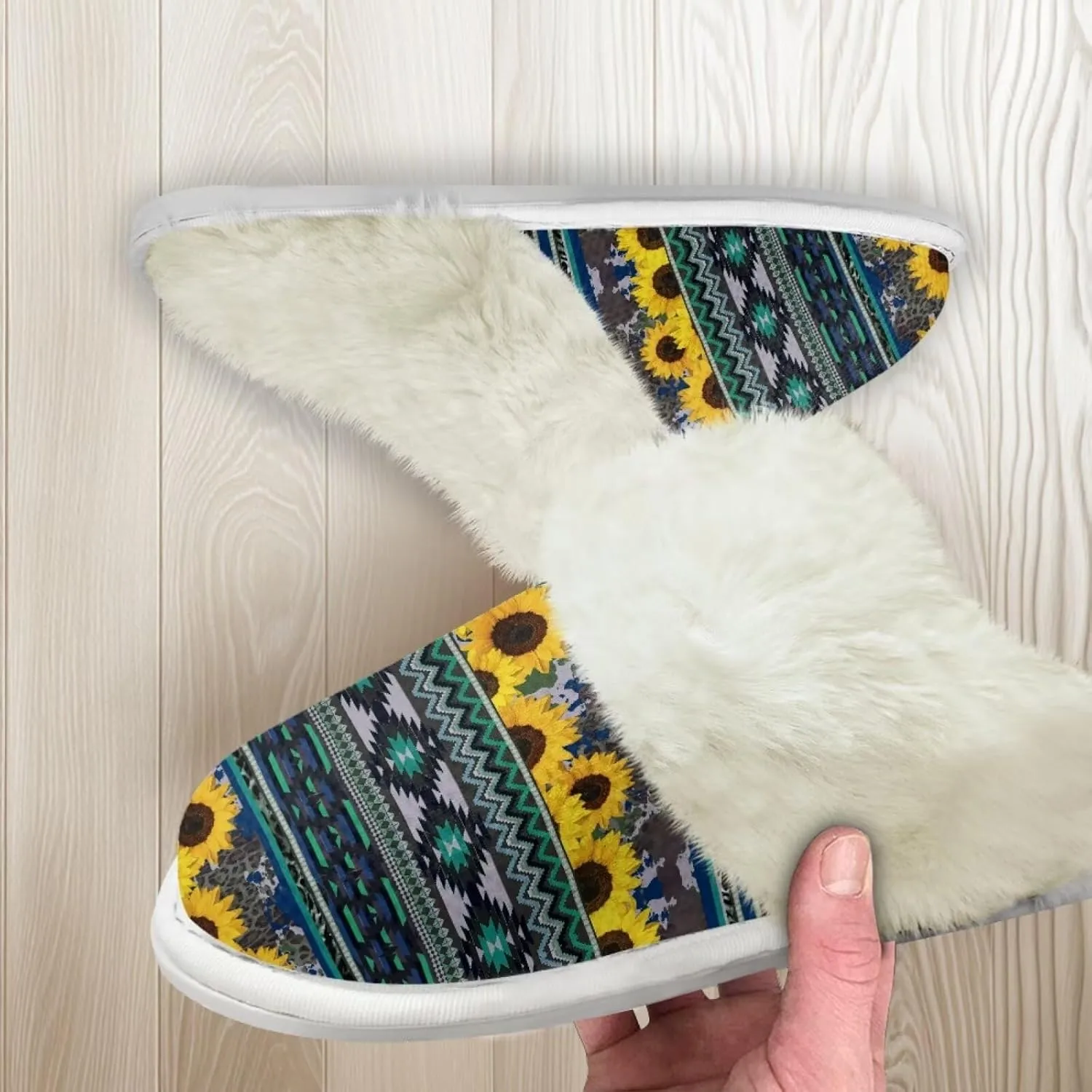 Howilath Western Aztec Fuzzy Slippers Women Warm House Shoes with Anti-Skid Sole Plush Slippers