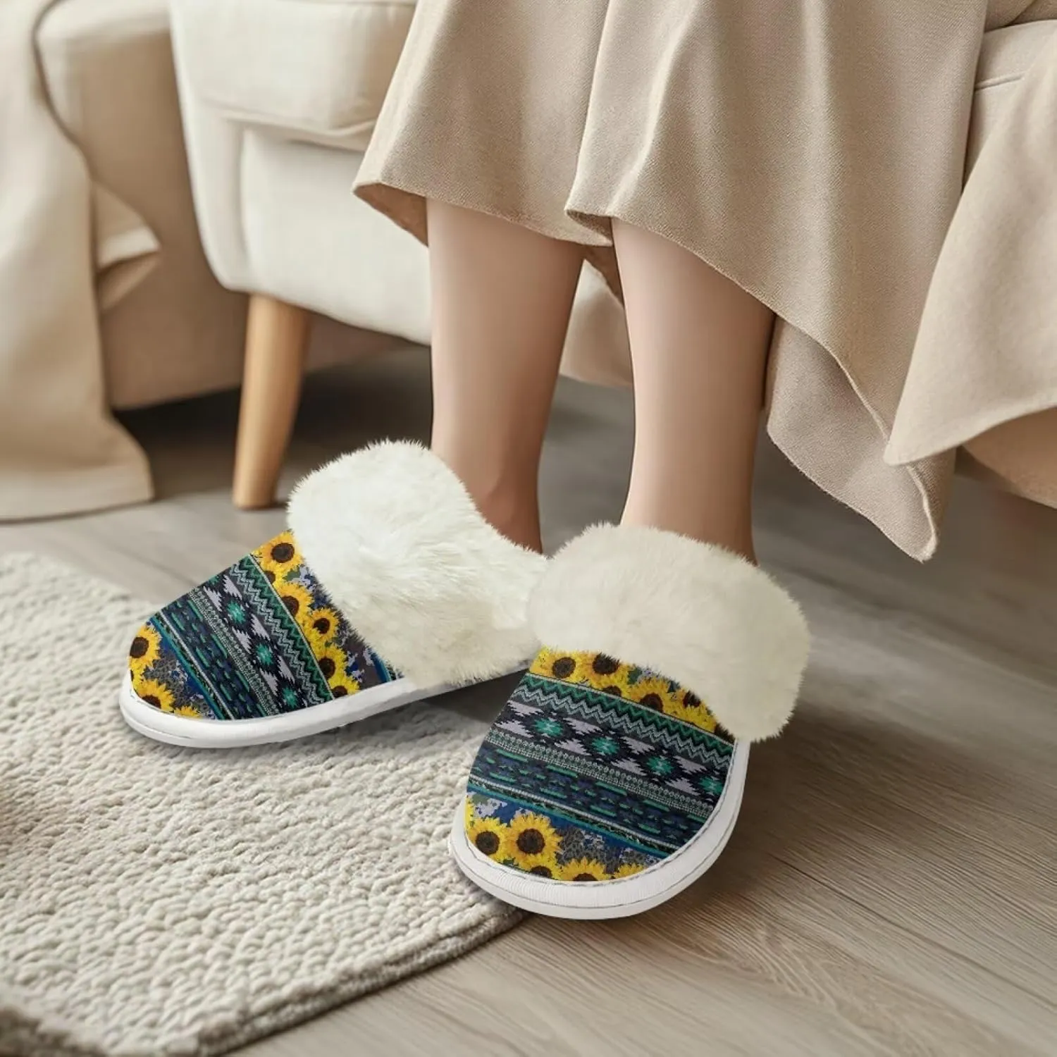 Howilath Western Aztec Fuzzy Slippers Women Warm House Shoes with Anti-Skid Sole Plush Slippers