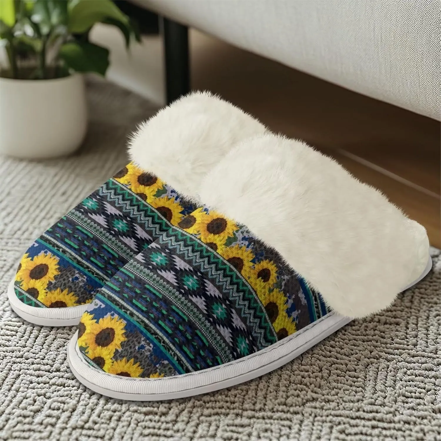 Howilath Western Aztec Fuzzy Slippers Women Warm House Shoes with Anti-Skid Sole Plush Slippers