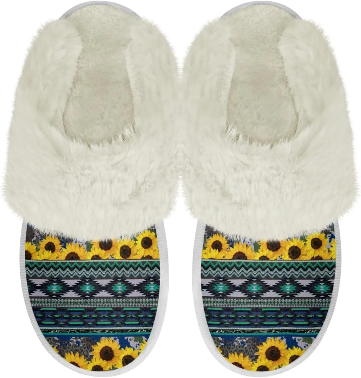 Howilath Western Aztec Fuzzy Slippers Women Warm House Shoes with Anti-Skid Sole Plush Slippers