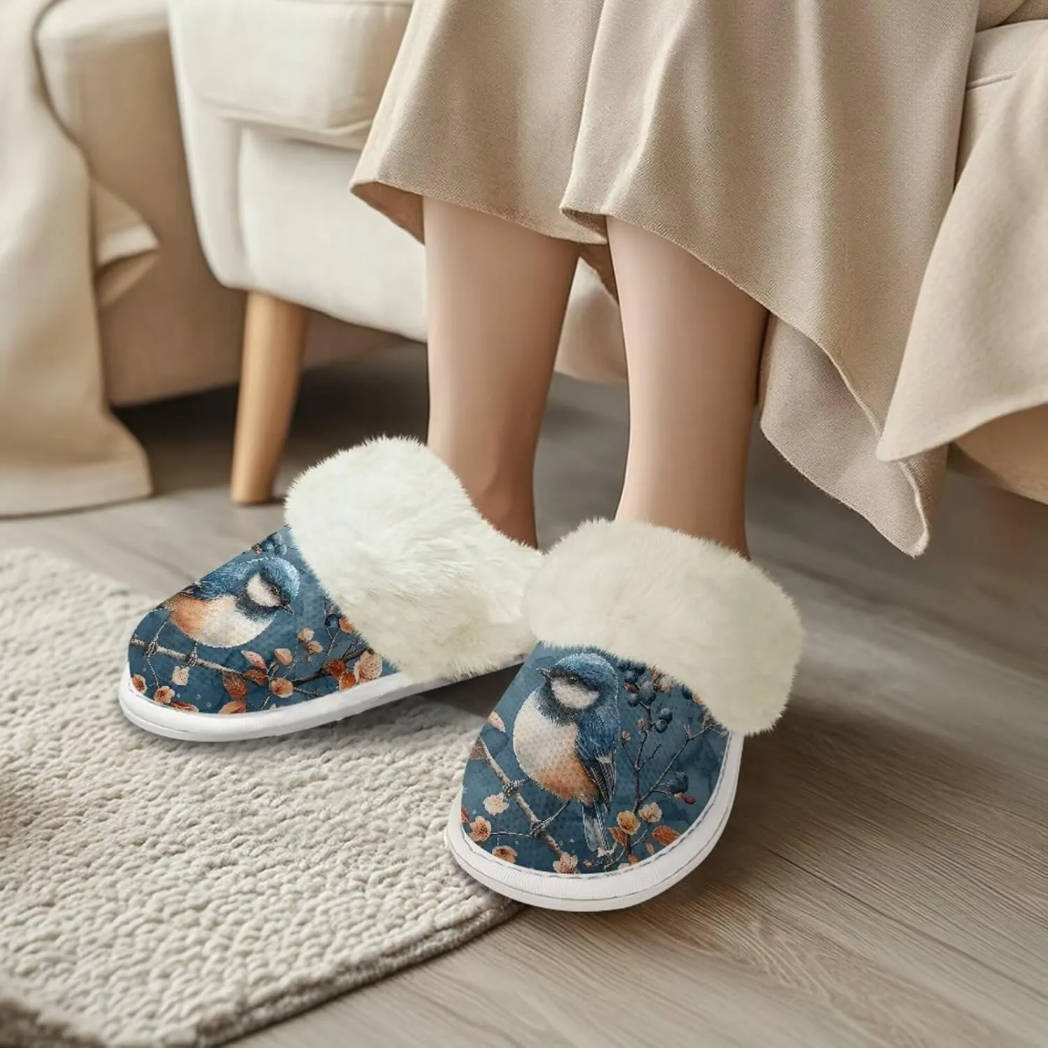 Hummingbird Birds Print Fuzzy Slippers for Women Warm House Home Slippers Slip-On Bedroom Shoes