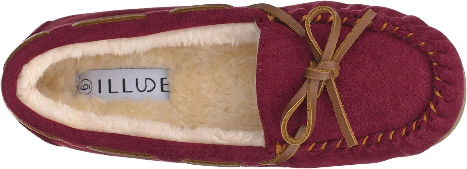 ILLUDE Women’s Moccasin Slipper Vegan Suede Faux Fur Lined Indoor Outdoor Moccasins Slip On Loafers Moccasins Shoes