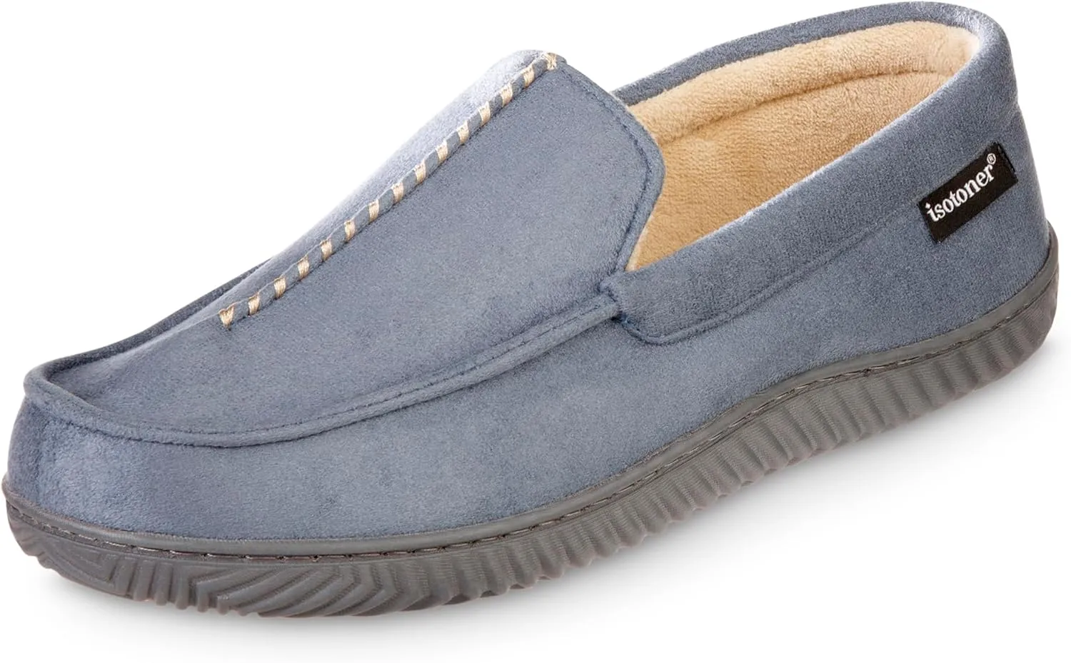 isotoner Men's Liam Microsuede Moccasin Slipper with Memory Foam, Microterry Lining, Versatile Sole