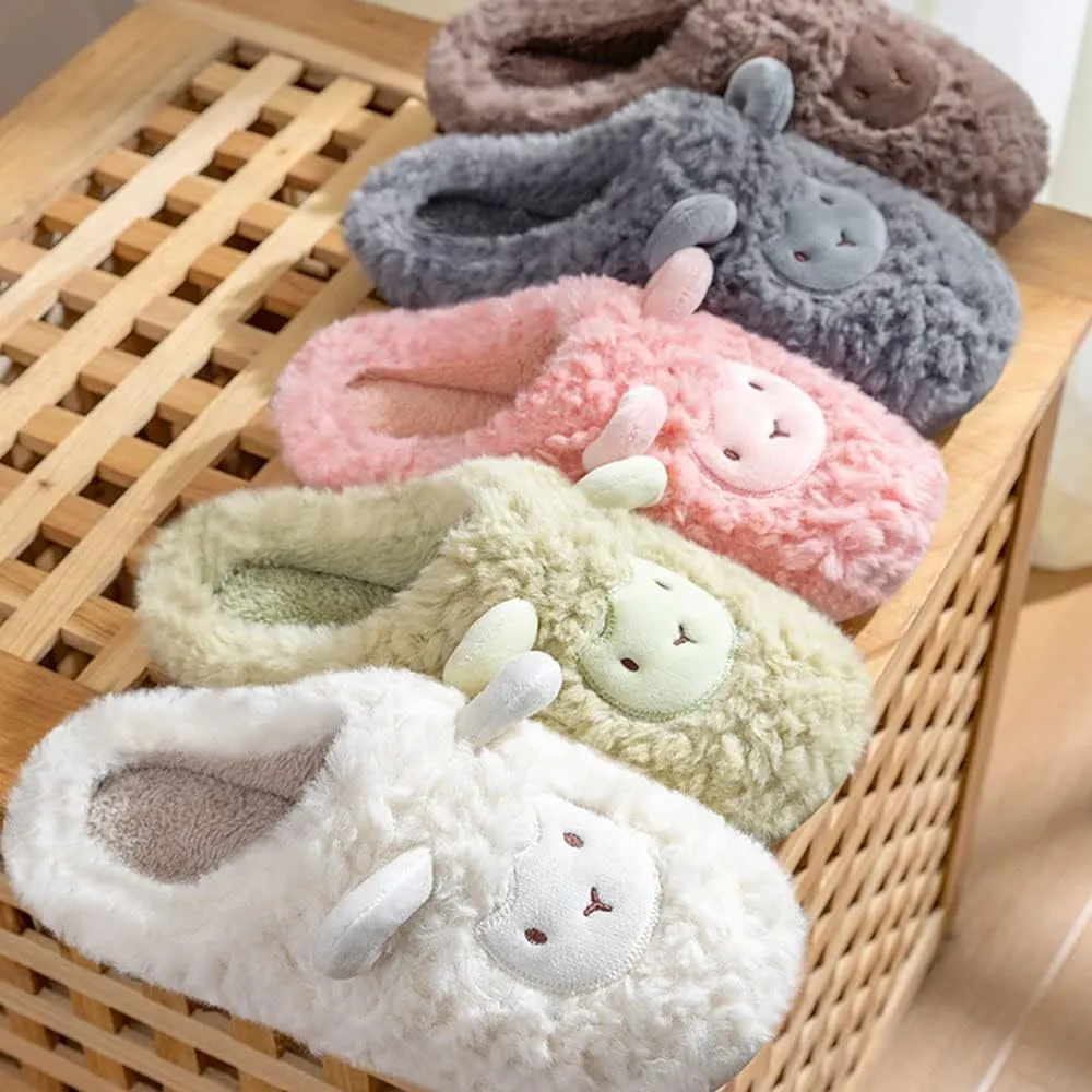 JadeRich Women's Cute Animal Slippers Winter Warm Fuzzy Plush House Slipper Cartoon Sheep Indoor Shoes