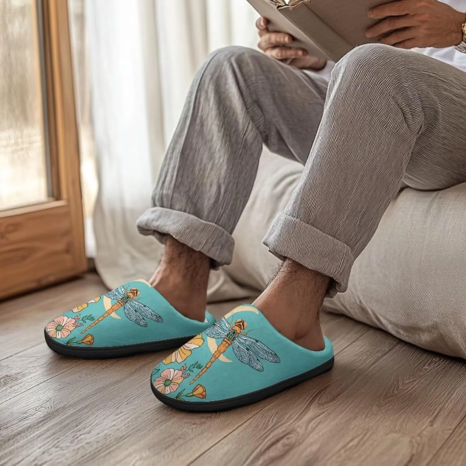 Jeiento Dragonfly Slippers for Women Warm Closed Toe Slipper Winter House Shoes Fuzzy Slippers