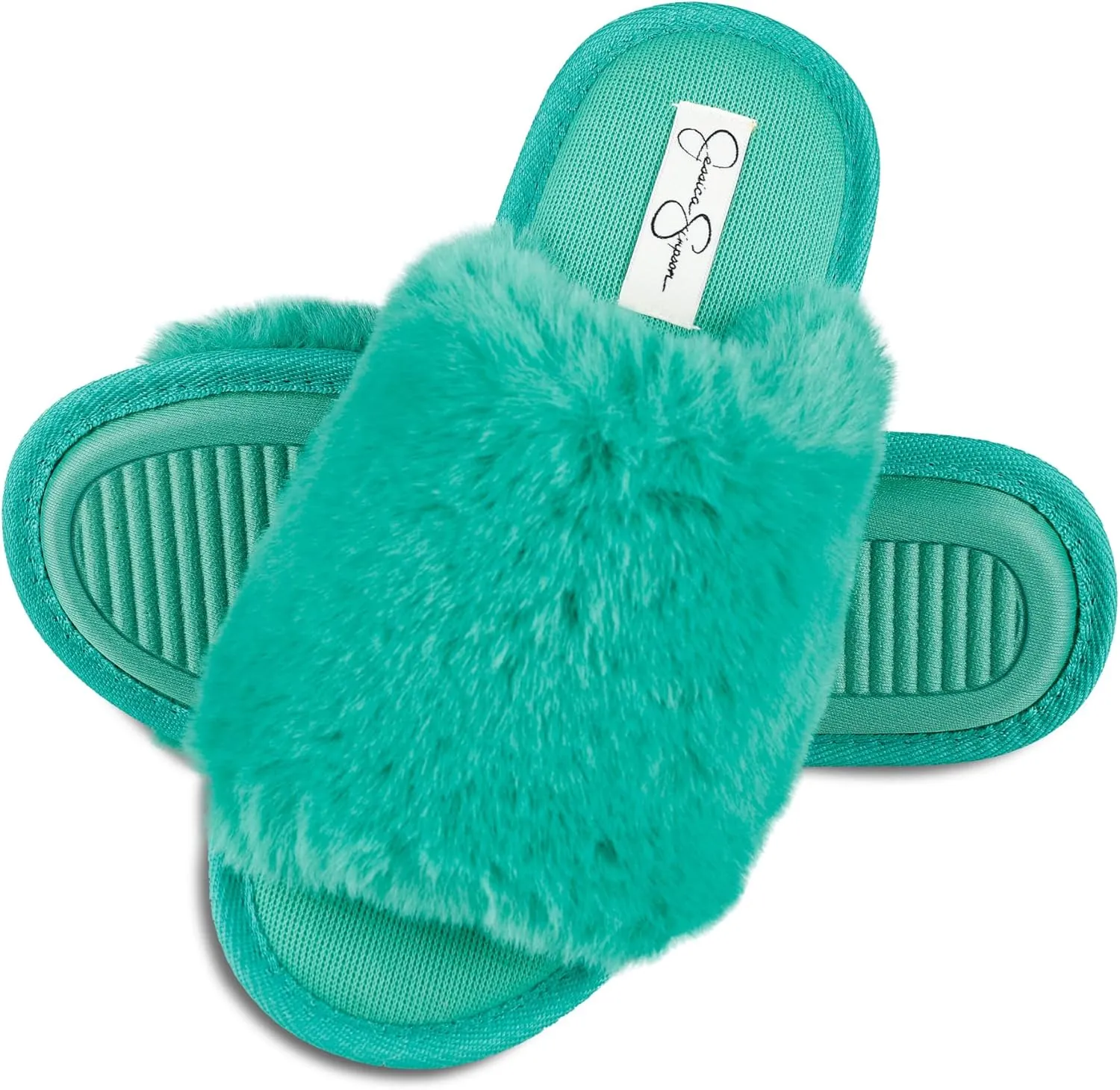 Jessica Simpson Women's Plush Faux Fur Fuzzy Slide on Open Toe Slipper with Memory Foam