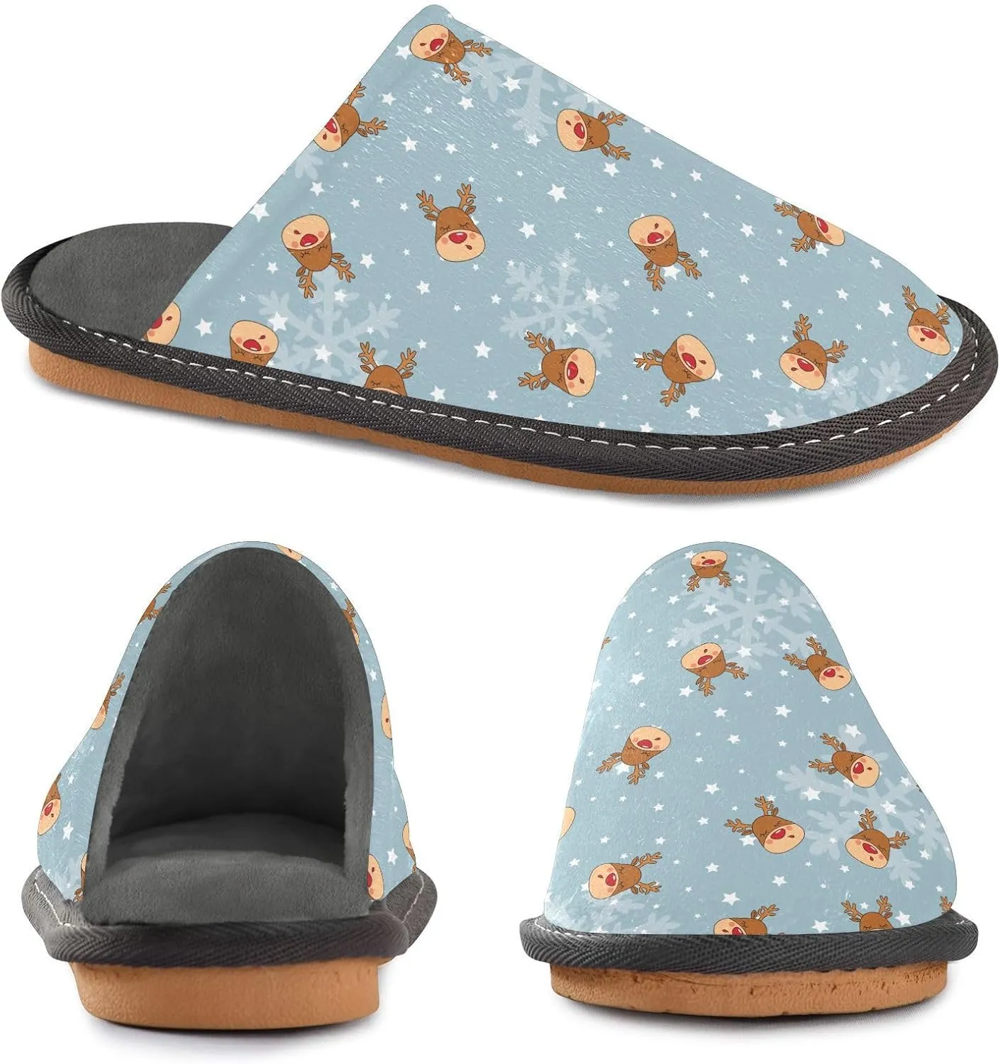 JUNZAN Slippers Women Christmas House Shoes For Women Indoor Sleepers Womens Slippers Ladies House Shoes Bed Slippers Rednosed Reindeer Snowfall Snowflake and Stars