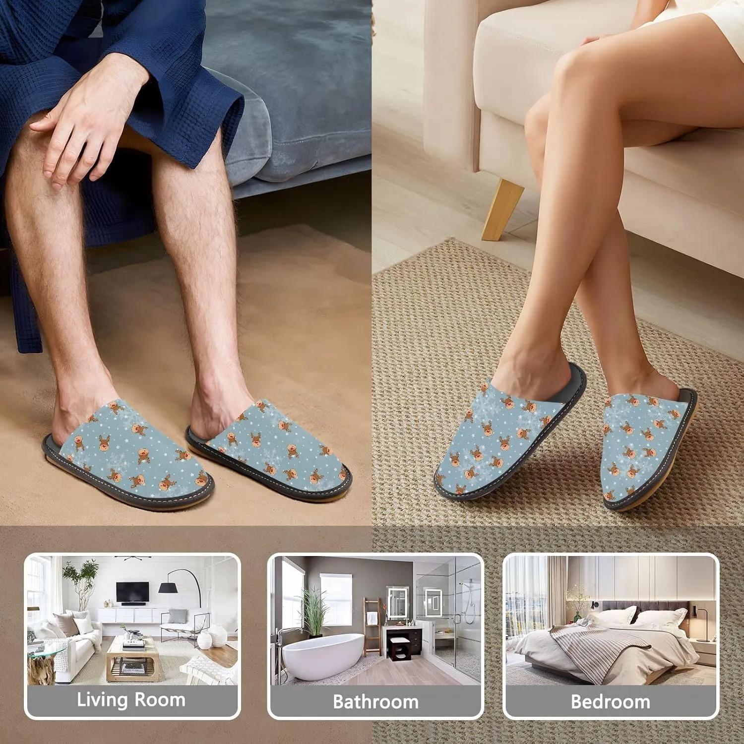 JUNZAN Slippers Women Christmas House Shoes For Women Indoor Sleepers Womens Slippers Ladies House Shoes Bed Slippers Rednosed Reindeer Snowfall Snowflake and Stars